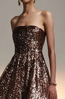 Load image into Gallery viewer, Sparkly Brown A Line Sequin Strapless Long Holiday Party Dress