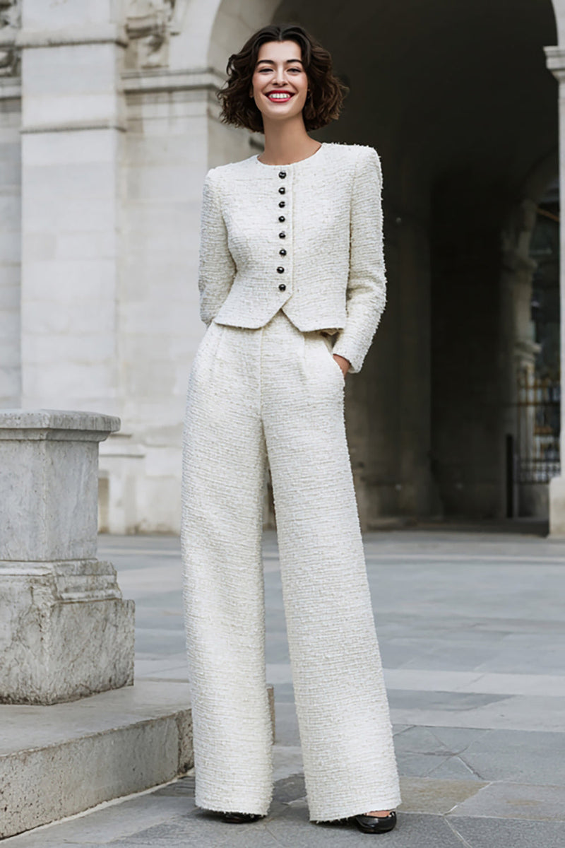 Load image into Gallery viewer, Ivory 2 Piece Tweed Wide Leg Long Sleeves Interview Outfits with Pockets