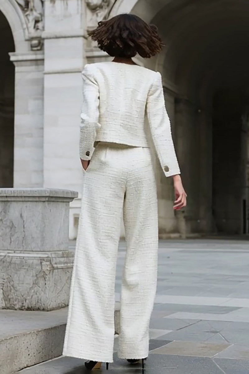 Load image into Gallery viewer, Ivory 2 Piece Tweed Wide Leg Long Sleeves Interview Outfits with Pockets