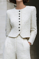 Load image into Gallery viewer, Ivory 2 Piece Tweed Wide Leg Long Sleeves Interview Outfits with Pockets