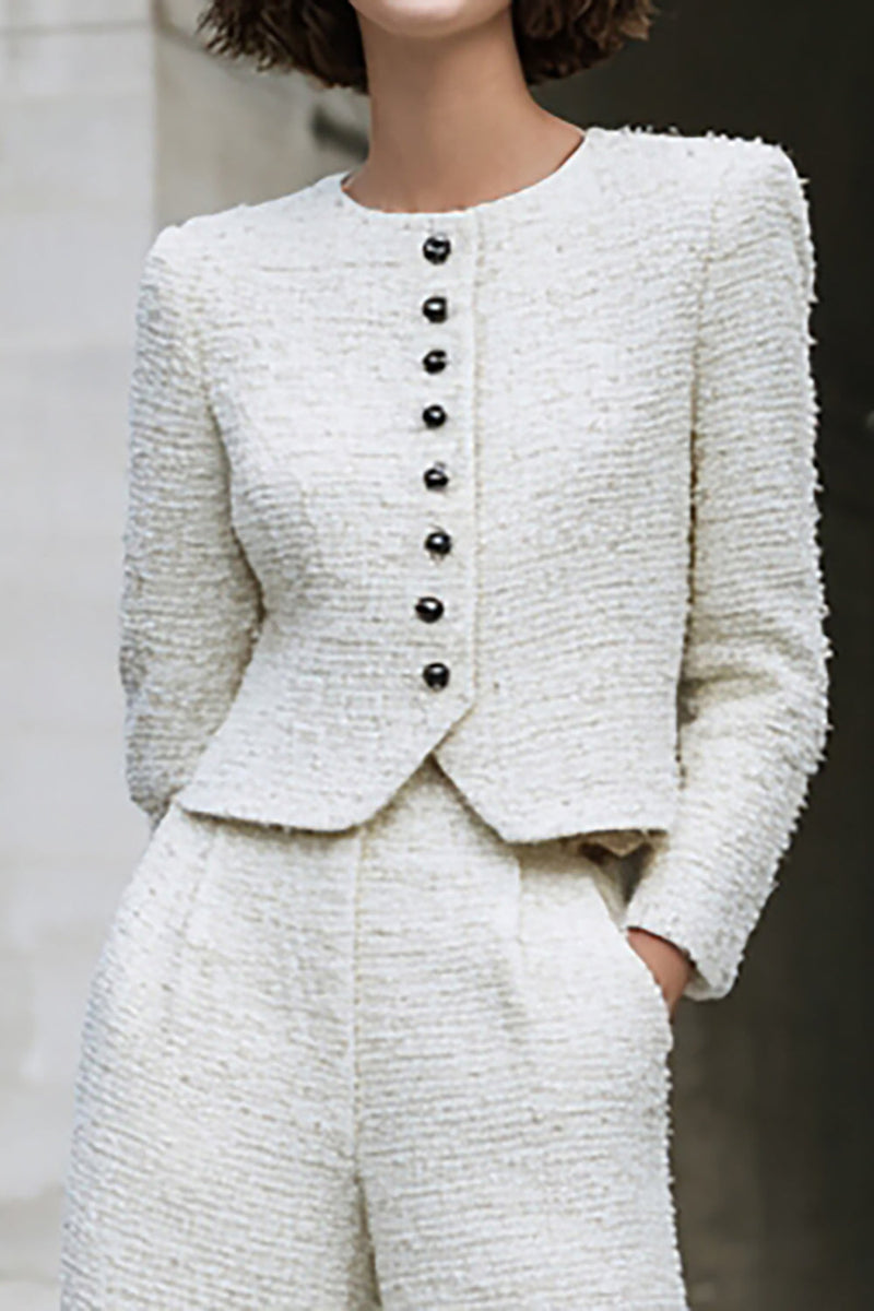 Load image into Gallery viewer, Ivory 2 Piece Tweed Wide Leg Long Sleeves Interview Outfits with Pockets