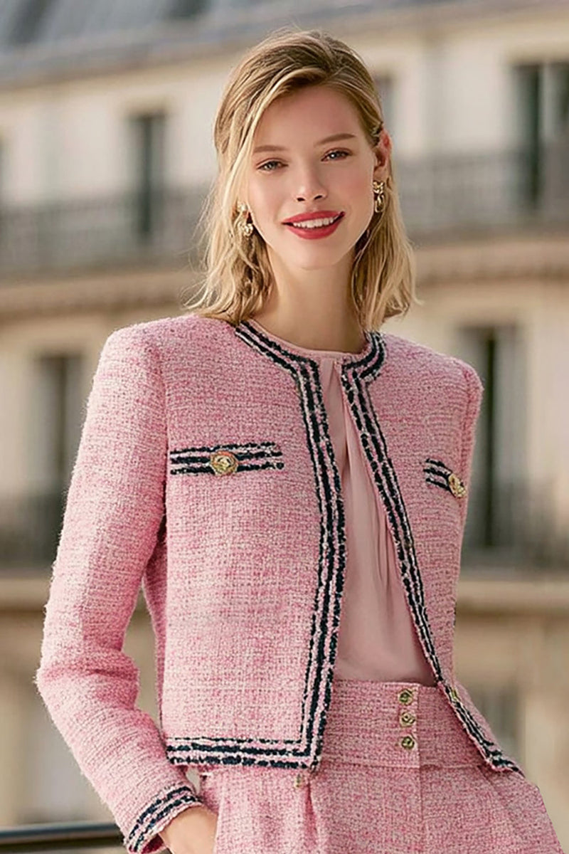 Load image into Gallery viewer, 2 Piece Pink Black Tweed Wide Leg Interview Outfits with Pockets