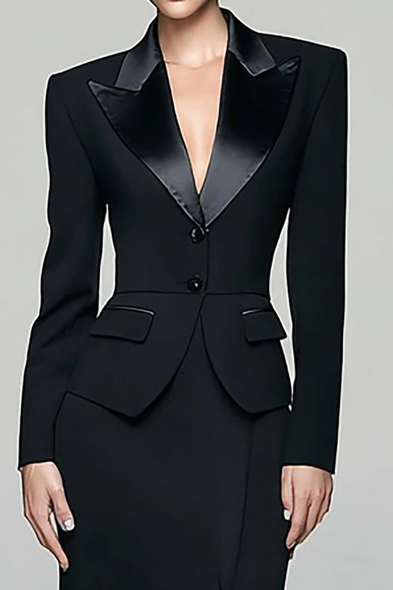 Load image into Gallery viewer, 2 Piece Black Peak Lapel Pencil Long Blazer Dress with Slit