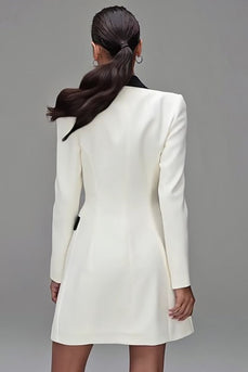 Ivory Black Double Breasted Peak Lapel Short Blazer Dress with Sleeves