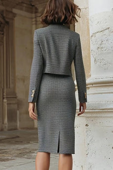 Grey Pencil Tweed 2 Piece Midi Interview Outfits with Slit