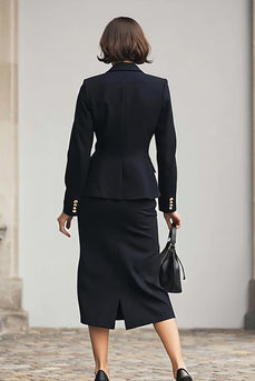 Black 2 Piece Pencil Notched Lapel Midi Business Suits