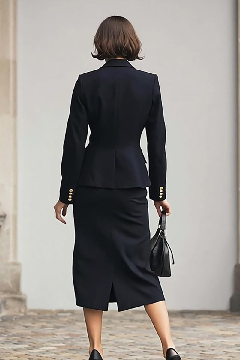 Load image into Gallery viewer, Black 2 Piece Pencil Notched Lapel Midi Business Suits