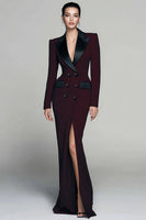 Load image into Gallery viewer, Burgundy Double Breasted Peak Lapel Long Blazer Dress with Slit
