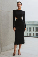 Load image into Gallery viewer, Black Pencil Satin Cut Out Midi Work Dress with Sleeves
