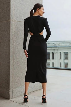 Black Pencil Satin Cut Out Midi Work Dress with Sleeves