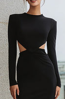 Load image into Gallery viewer, Black Pencil Satin Cut Out Midi Work Dress with Sleeves