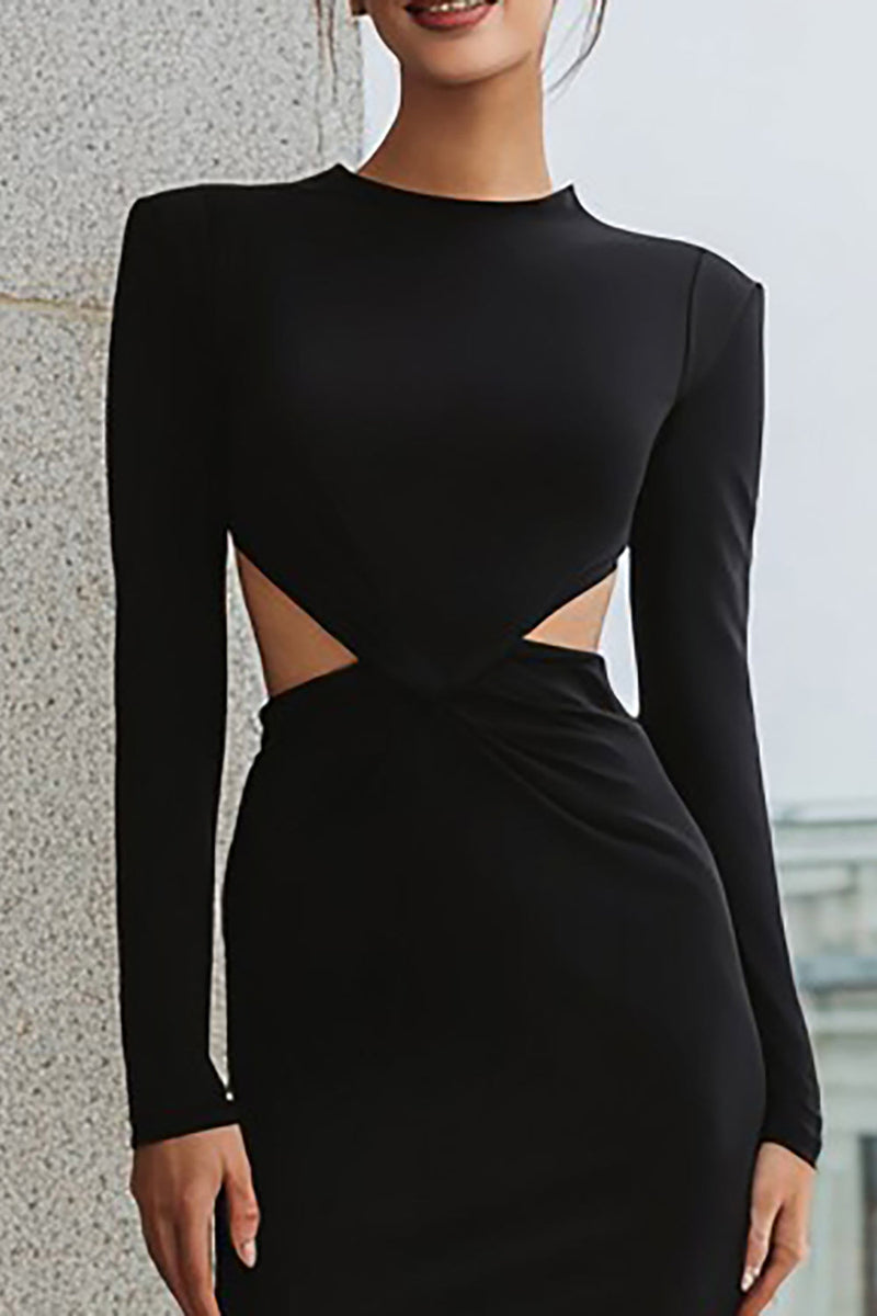 Load image into Gallery viewer, Black Pencil Satin Cut Out Midi Work Dress with Sleeves