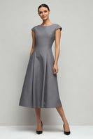 Load image into Gallery viewer, Simple Grey A Line Boat Neck Midi Work Dress with Sleeves
