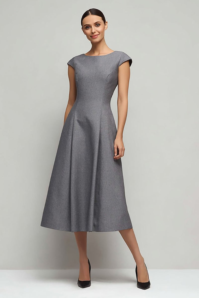 Queendancer Women Simple Grey A Line Midi Work Dress Boat Neck Business  Dress with Sleeves – queendancer