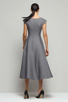 Load image into Gallery viewer, Simple Grey A Line Boat Neck Midi Work Dress with Sleeves