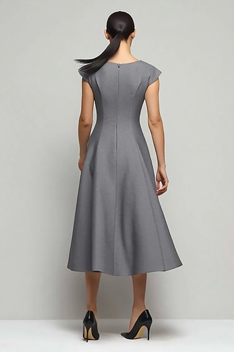 Load image into Gallery viewer, Simple Grey A Line Boat Neck Midi Work Dress with Sleeves