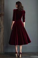 Load image into Gallery viewer, Burgundy Velvet V-Neck A Line Midi Holiday Party Dress with Sleeves