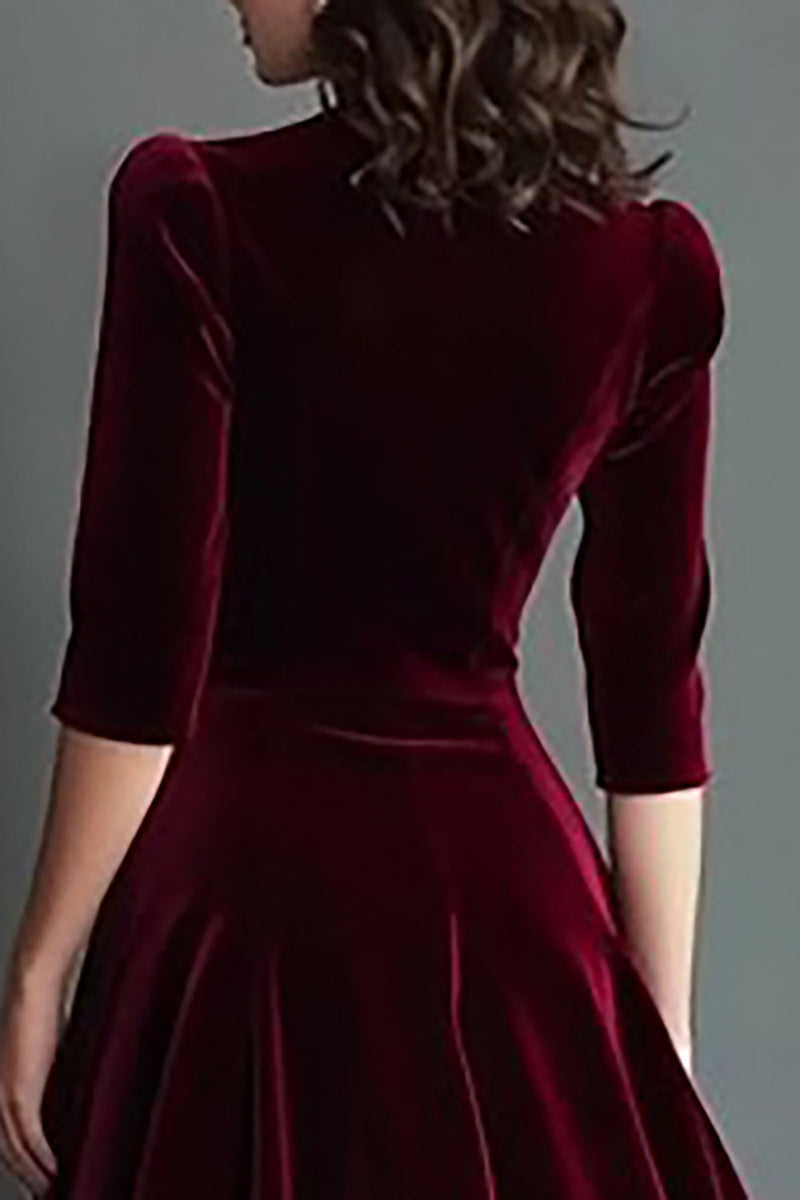 Load image into Gallery viewer, Burgundy Velvet V-Neck A Line Midi Holiday Party Dress with Sleeves