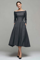 Load image into Gallery viewer, Dark Grey A Line Off the Shoulder Midi Work Dress with Sleeves