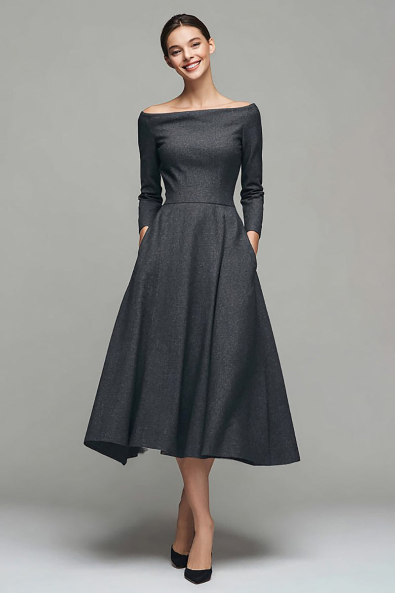 Load image into Gallery viewer, Dark Grey A Line Off the Shoulder Midi Work Dress with Sleeves