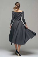 Load image into Gallery viewer, Dark Grey A Line Off the Shoulder Midi Work Dress with Sleeves