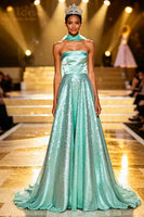 Load image into Gallery viewer, Sparkly Mint Green Sequin A Line Neck Scarf Long Pageant Dress