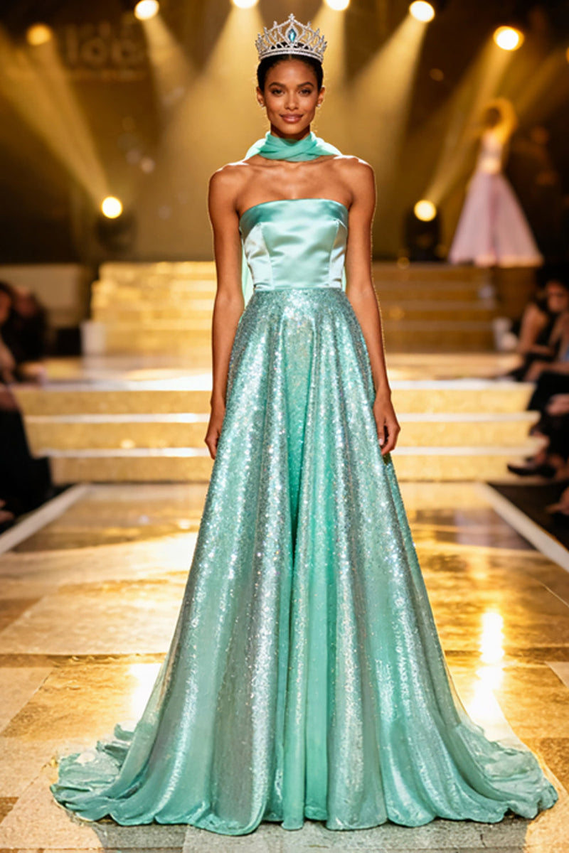 Load image into Gallery viewer, Sparkly Mint Green Sequin A Line Neck Scarf Long Pageant Dress