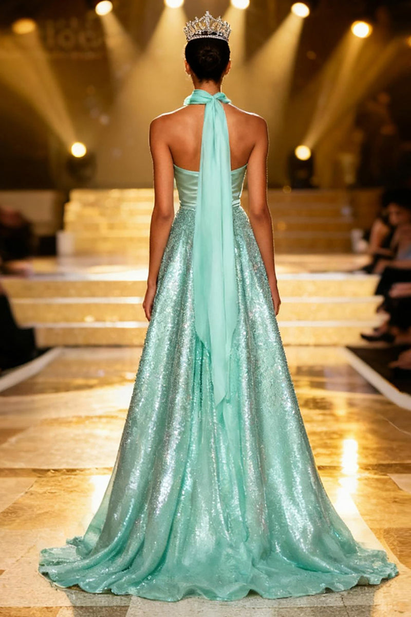 Load image into Gallery viewer, Sparkly Mint Green Sequin A Line Neck Scarf Long Pageant Dress