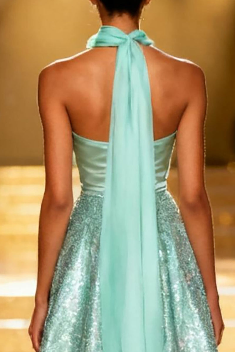 Load image into Gallery viewer, Sparkly Mint Green Sequin A Line Neck Scarf Long Pageant Dress