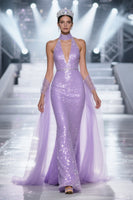 Load image into Gallery viewer, Sparkly Light Purple V-Neck Sequins Mermaid Long Pageant Dress