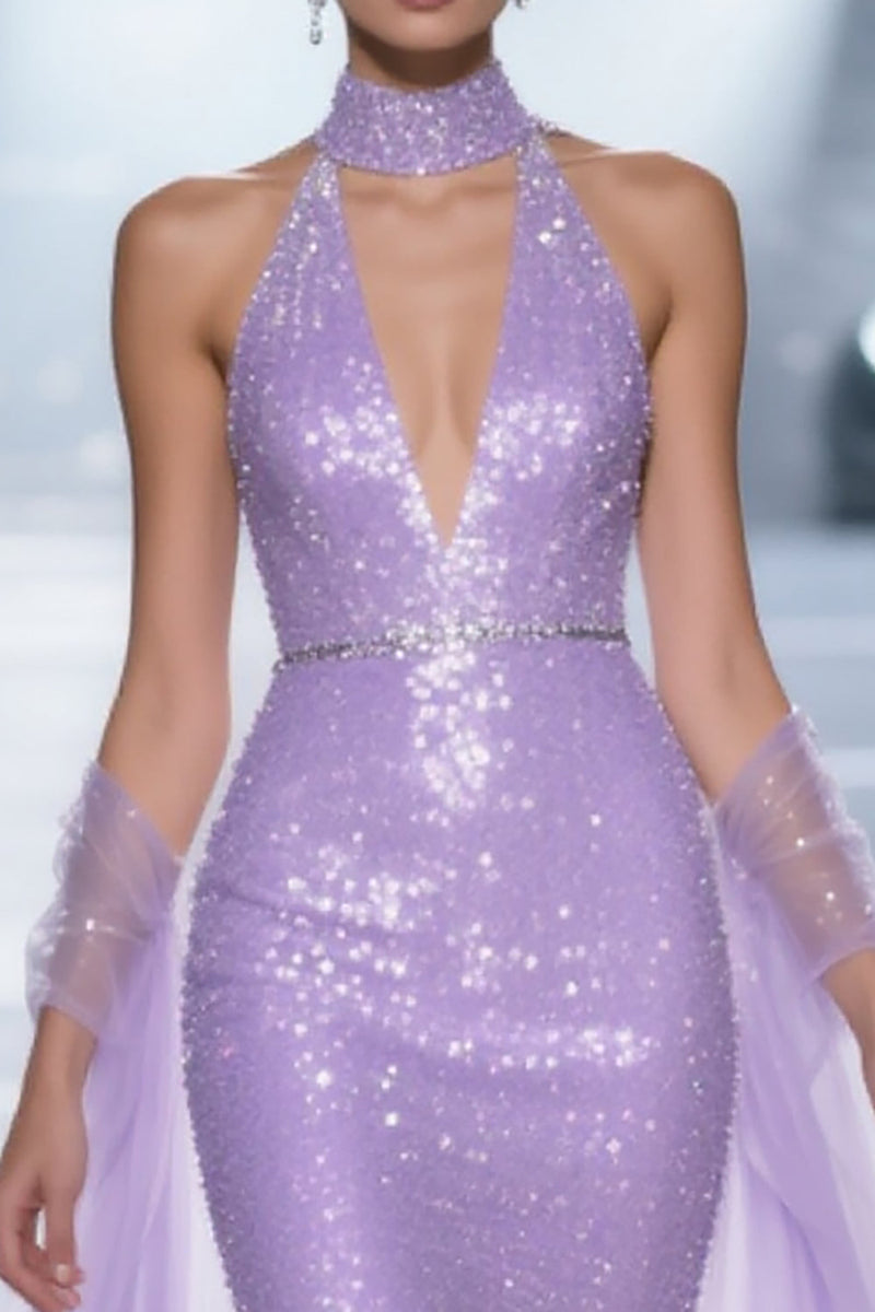 Load image into Gallery viewer, Sparkly Light Purple V-Neck Sequins Mermaid Long Pageant Dress