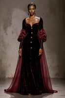 Load image into Gallery viewer, Burgundy Velvet Mermaid Single Breasted Long Sleeves Formal Dress with Cape