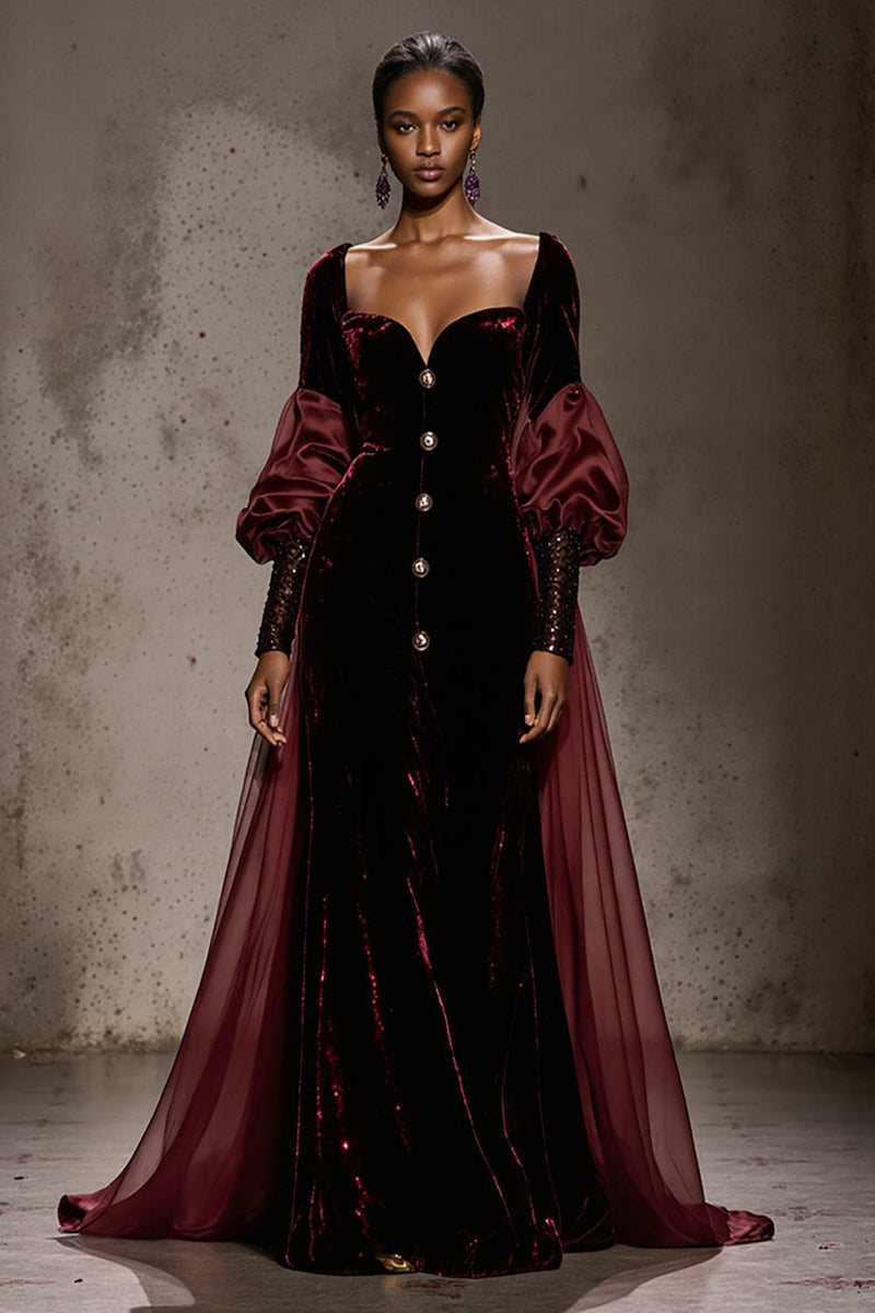 Load image into Gallery viewer, Burgundy Velvet Mermaid Single Breasted Long Sleeves Formal Dress with Cape