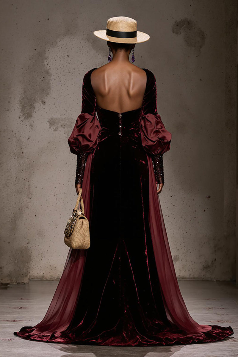 Load image into Gallery viewer, Burgundy Velvet Mermaid Single Breasted Long Sleeves Formal Dress with Cape