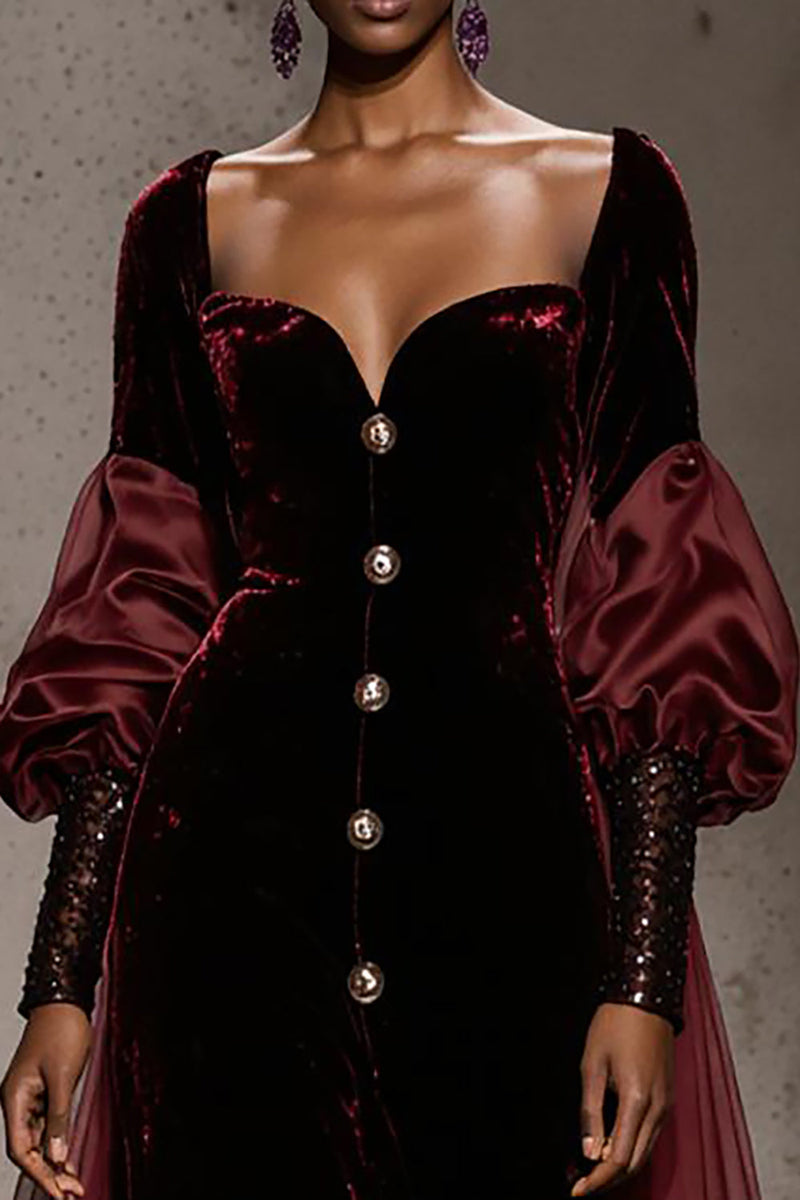 Load image into Gallery viewer, Burgundy Velvet Mermaid Single Breasted Long Sleeves Formal Dress with Cape