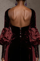 Load image into Gallery viewer, Burgundy Velvet Mermaid Single Breasted Long Sleeves Formal Dress with Cape