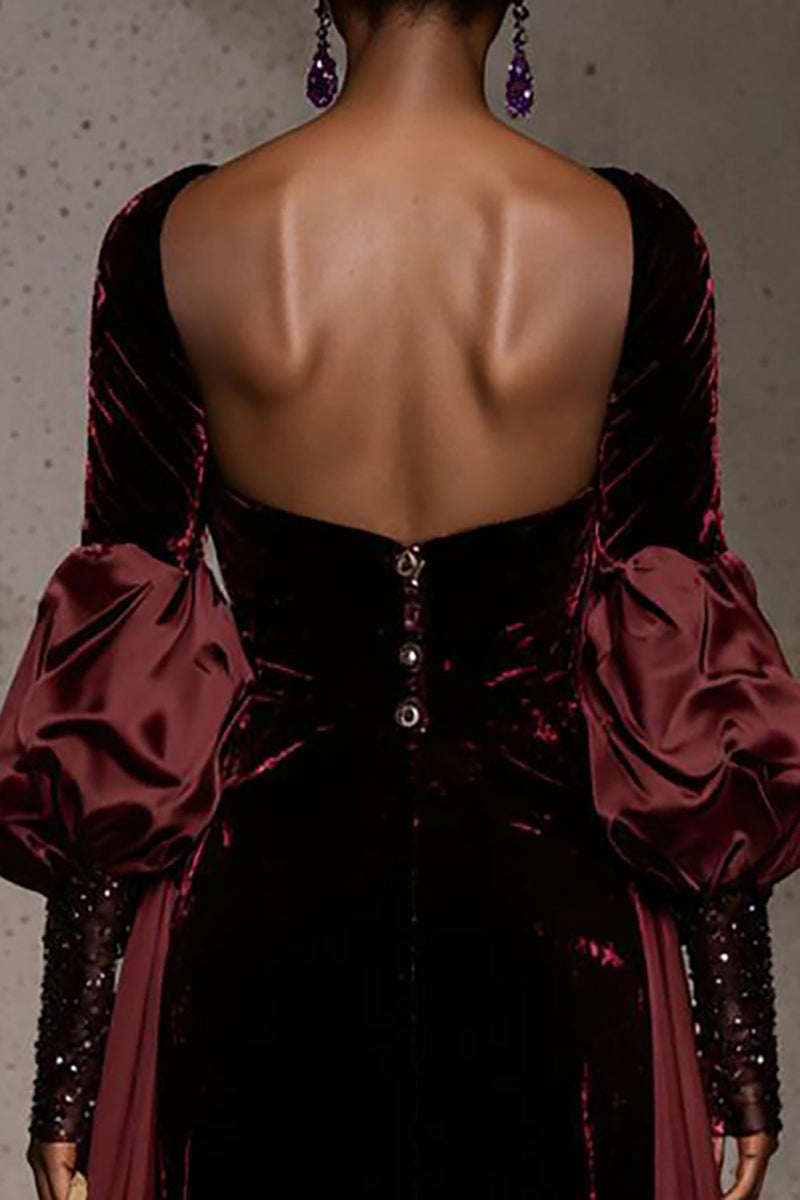 Load image into Gallery viewer, Burgundy Velvet Mermaid Single Breasted Long Sleeves Formal Dress with Cape
