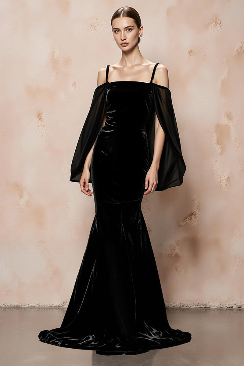 Load image into Gallery viewer, Black Velvet Mermaid Cold Shoulder Long Formal Dress