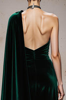 Load image into Gallery viewer, Dark Green Mermaid Ruched Velvet Long Formal Dress with Side Cape