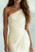Load image into Gallery viewer, Ivory Ruched Chiffon Sheath Ruched One Shoulder Long Formal Dress