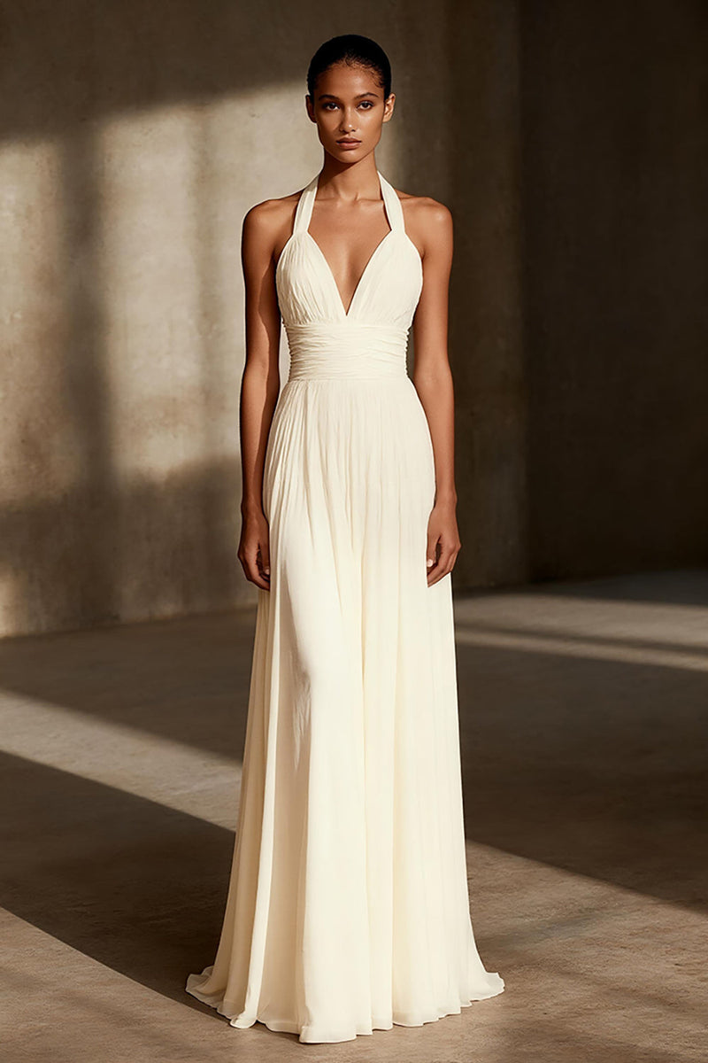 Load image into Gallery viewer, Queendancer Women Ivory Sheath Long Engagement Dress Halter Ruched Chiffon Criss Cross Back Wedding Reception Dress
