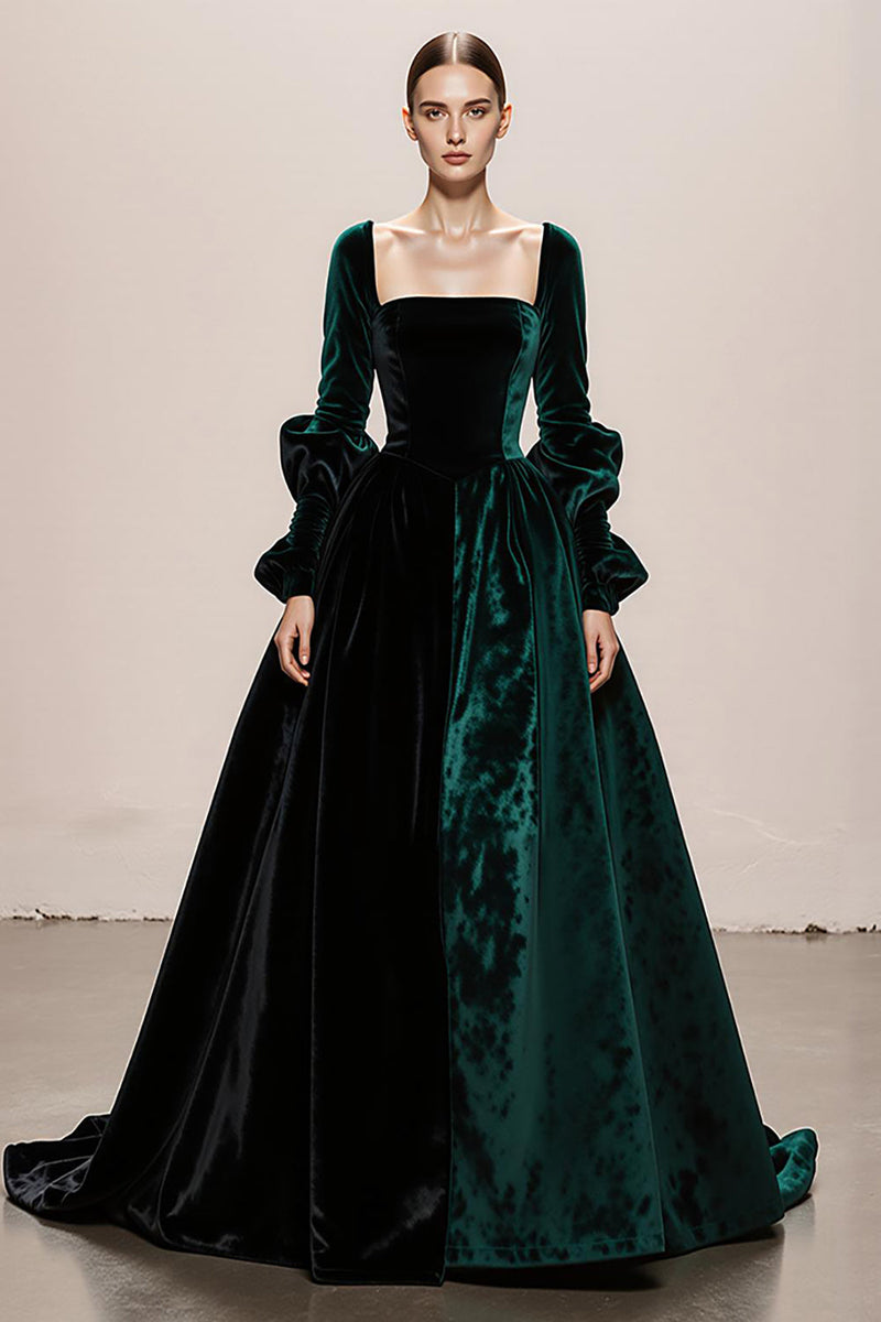 Load image into Gallery viewer, Dark Green Ball Gown Velvet Square Neck Long Holiday Party Dress