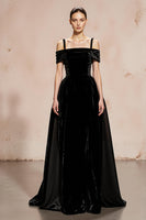 Load image into Gallery viewer, Black Velvet Ball Gown Cold Shoulder Long Holiday Party Dress