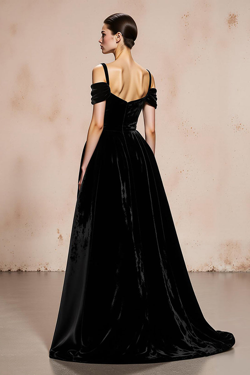 Load image into Gallery viewer, Black Velvet Ball Gown Cold Shoulder Long Holiday Party Dress