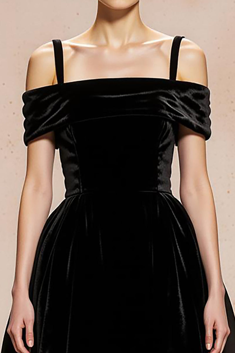 Load image into Gallery viewer, Black Velvet Ball Gown Cold Shoulder Long Holiday Party Dress