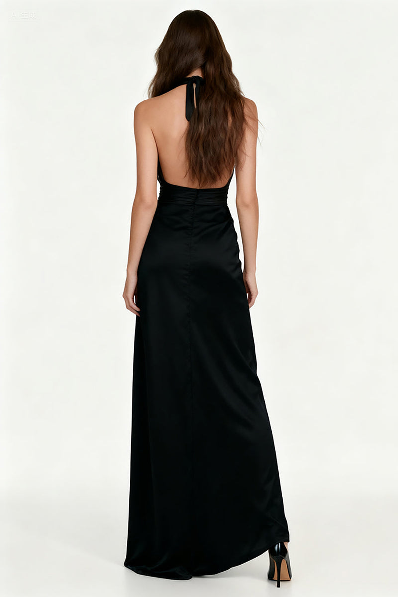 Load image into Gallery viewer, Black Sheath Halter Backless Long Formal Dress with Sash