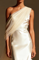 Load image into Gallery viewer, White Mermaid One Shoulder Satin Long Formal Dress with Side Cape