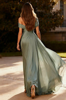 Load image into Gallery viewer, Dusty Sage Chiffon Ruched One Shoulder Long Formal Dress with Side Cape