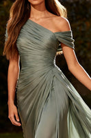 Load image into Gallery viewer, Dusty Sage Chiffon Ruched One Shoulder Long Formal Dress with Side Cape