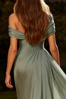 Load image into Gallery viewer, Dusty Sage Chiffon Ruched One Shoulder Long Formal Dress with Side Cape